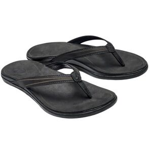 Olukai Aukai Black Leather Flip Flop Sandals